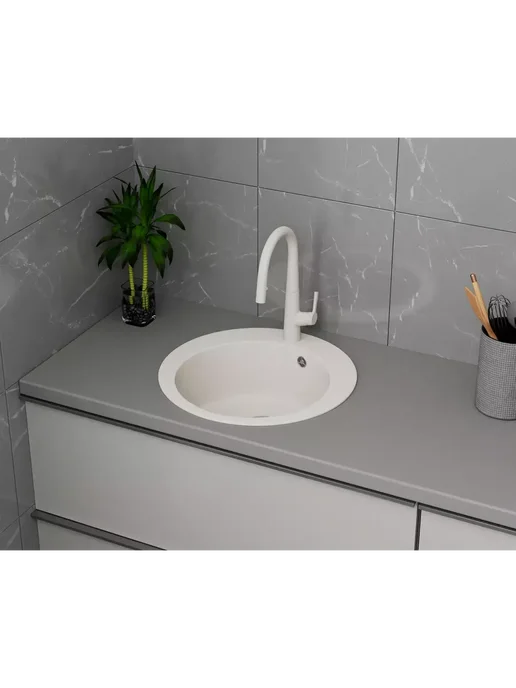 BAUEDGE Раковина для кухни каменная 48x48 Dream Pro белая врезная, 48x48, фото 7