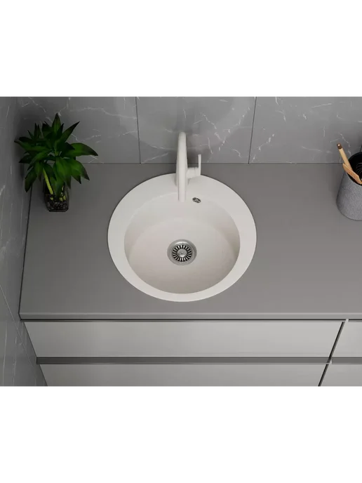BAUEDGE Раковина для кухни каменная 48x48 Dream Pro белая врезная, 48x48, фото 8