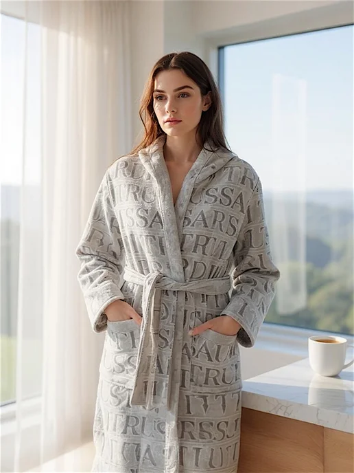 trussardi home банный халат OVERLOGO с капюшоном, серый, фото 3