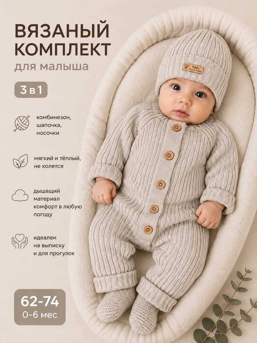 Вязаный комбинезон на выписку для новорожденных комплект