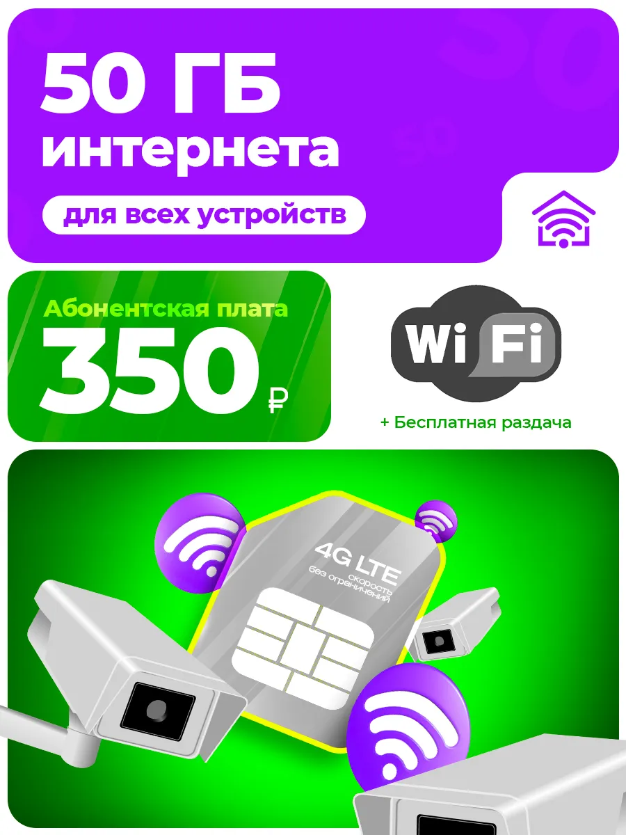 Сим-карта 50 ГБ интернета для видеокамеры, модема и роутера