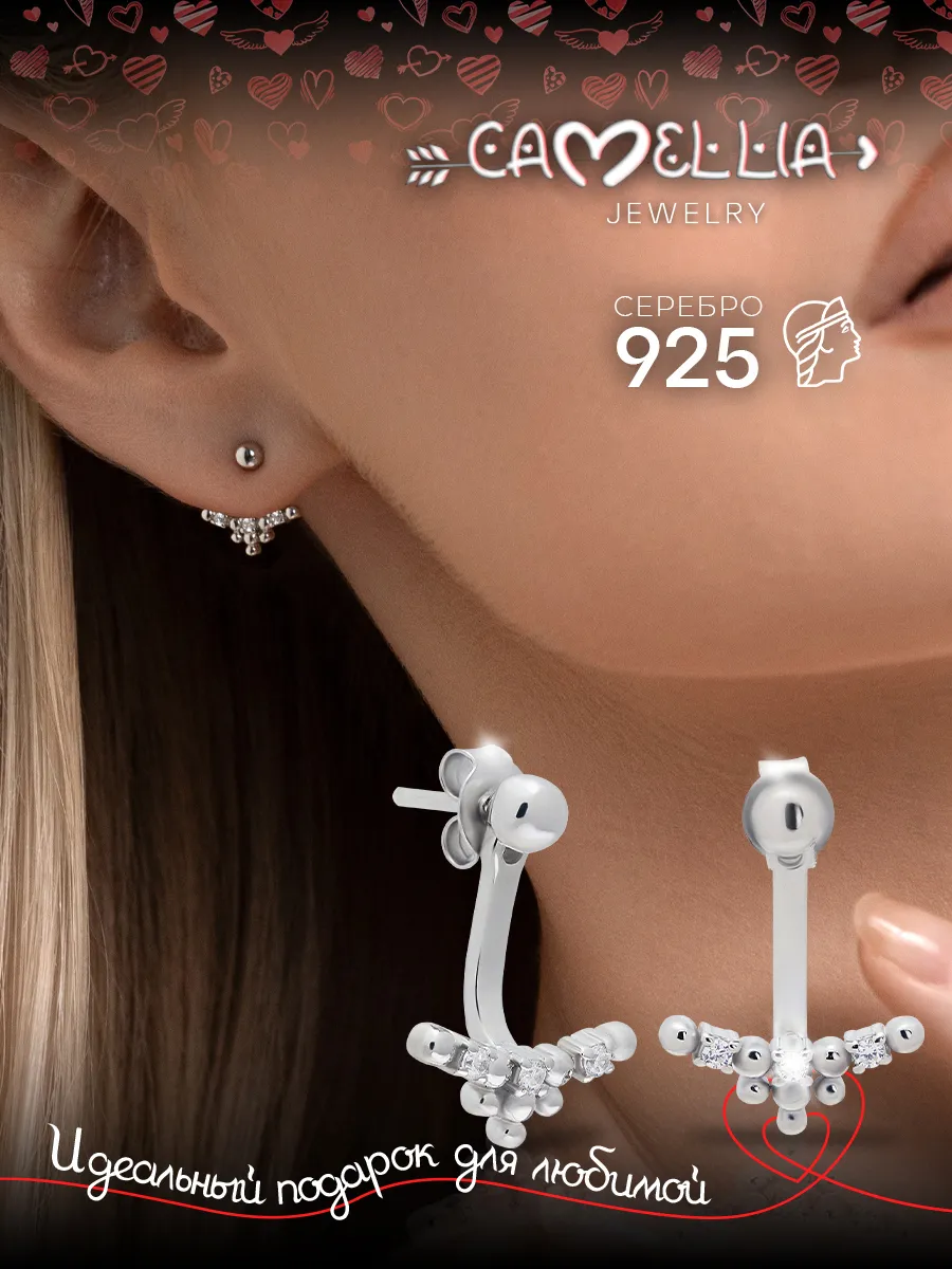 Серьги серебро 925 гвоздики с фианитами