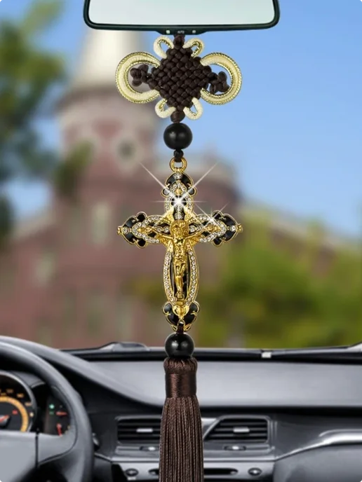 Православный крест подвеска в машину, желтый, фото 2