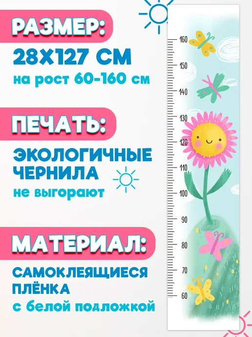 Arthata - лавка сокровищ Навклейка ростомер в детскую для девочки цветок 28х127см, вариант, фото 2