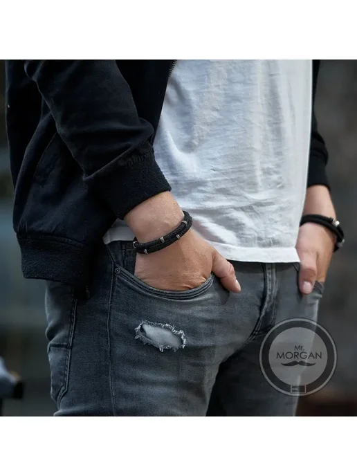 Mr MORGAN Двойной браслет из кожи ската Asperrimus, черный, фото 3